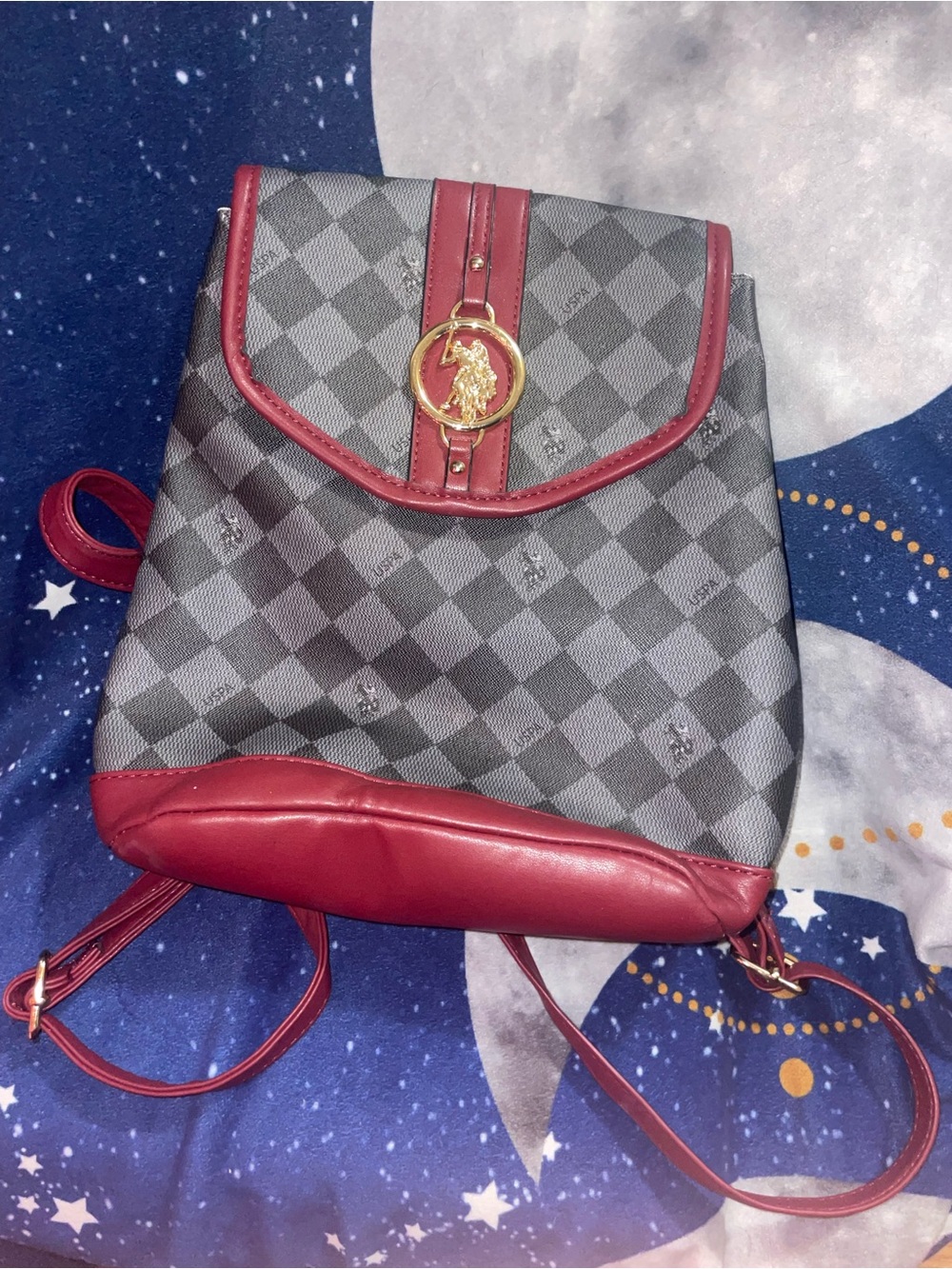 U.S. Polo Assn. Gray Check Backpack with Red Trim and Gold Emblem